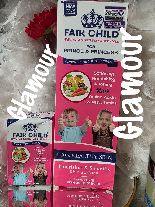 2pcs. combo Fair Child natural softening, nourishing and glowing kids body lotion and soap with amino acids and glycerin. One soap & one lotion