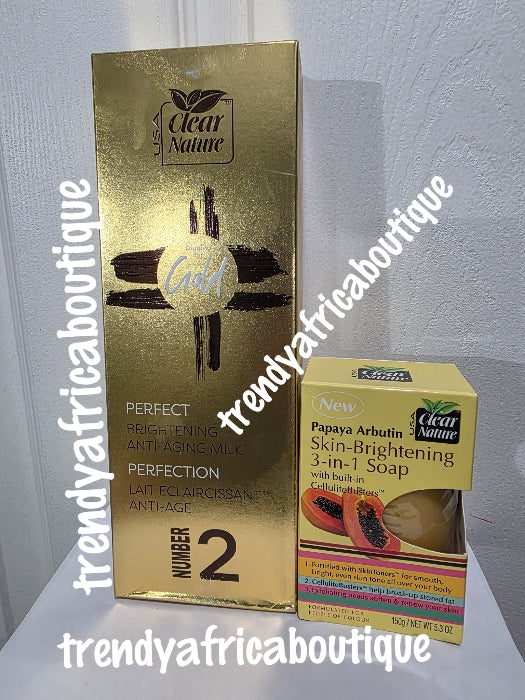 Wieder auf Lager. Clear Nature #2 perfekte aufhellende und Anti-Aging-Körperlotion, 500 ml x 1. Reich an Sheabutter und süßem Mandelöl. Pflegt Ihre Haut intensiv und bekämpft Falten und schwarze Flecken. Formuliert für trockene und geschädigte Haut.