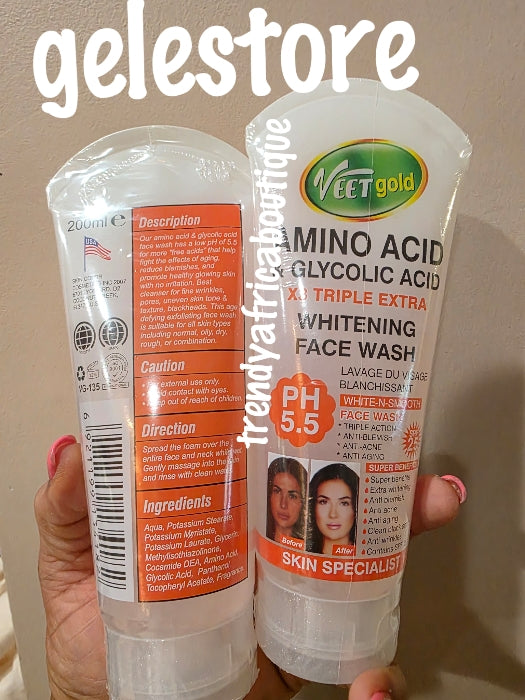 Veetgold Amino acid & Glycolic acid x3 whitening face wash. Spf 25 200ml x 1. Low p.h of 5.5.  Anti-aging,  anti aching,  anti wrinkles wash