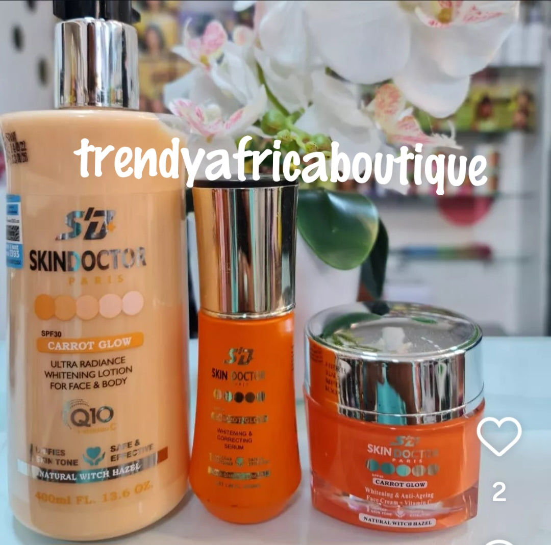 3pcs set: Skin Doctor Carrot Glow body lotion, serum and face cream. Excellent combination for skin lightening and glowing naturally spf30. Use morning & night
