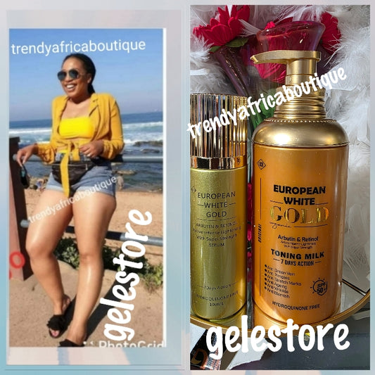 2pcs.  Bangar!! European White GOLD ORGANIC. Albutin & retinol toning milk. 💯 body lotion body & serum. 7 Days action Body. 500ml x 1. Spf 50 (Copy)