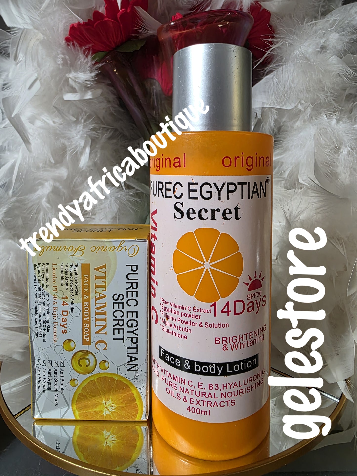 2pcs. Set: Purec Egyptian secret vitamin C brightening & whitening body lotion & soap. Spf 30