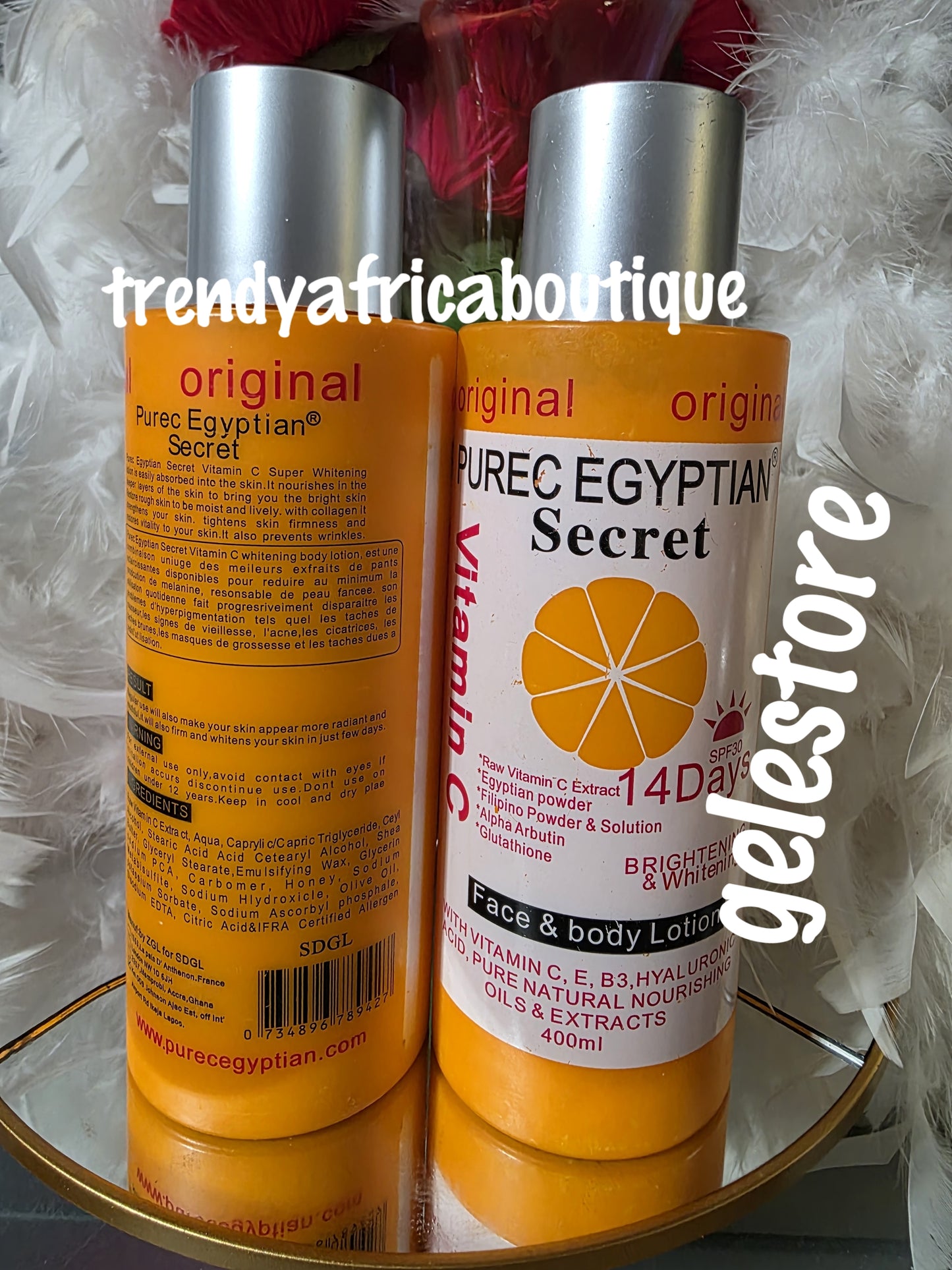 2pcs. Set: Purec Egyptian secret vitamin C brightening & whitening body lotion & soap. Spf 30