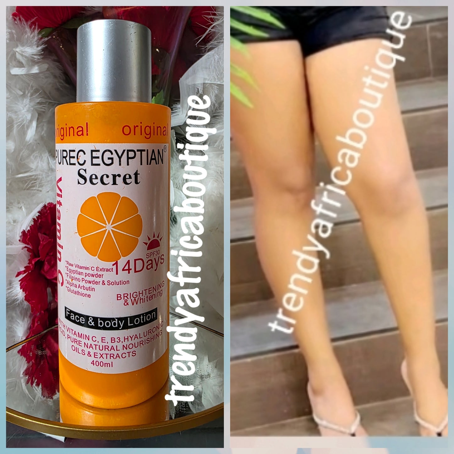 2pcs. Set: Purec Egyptian secret vitamin C brightening & whitening body lotion & soap. Spf 30