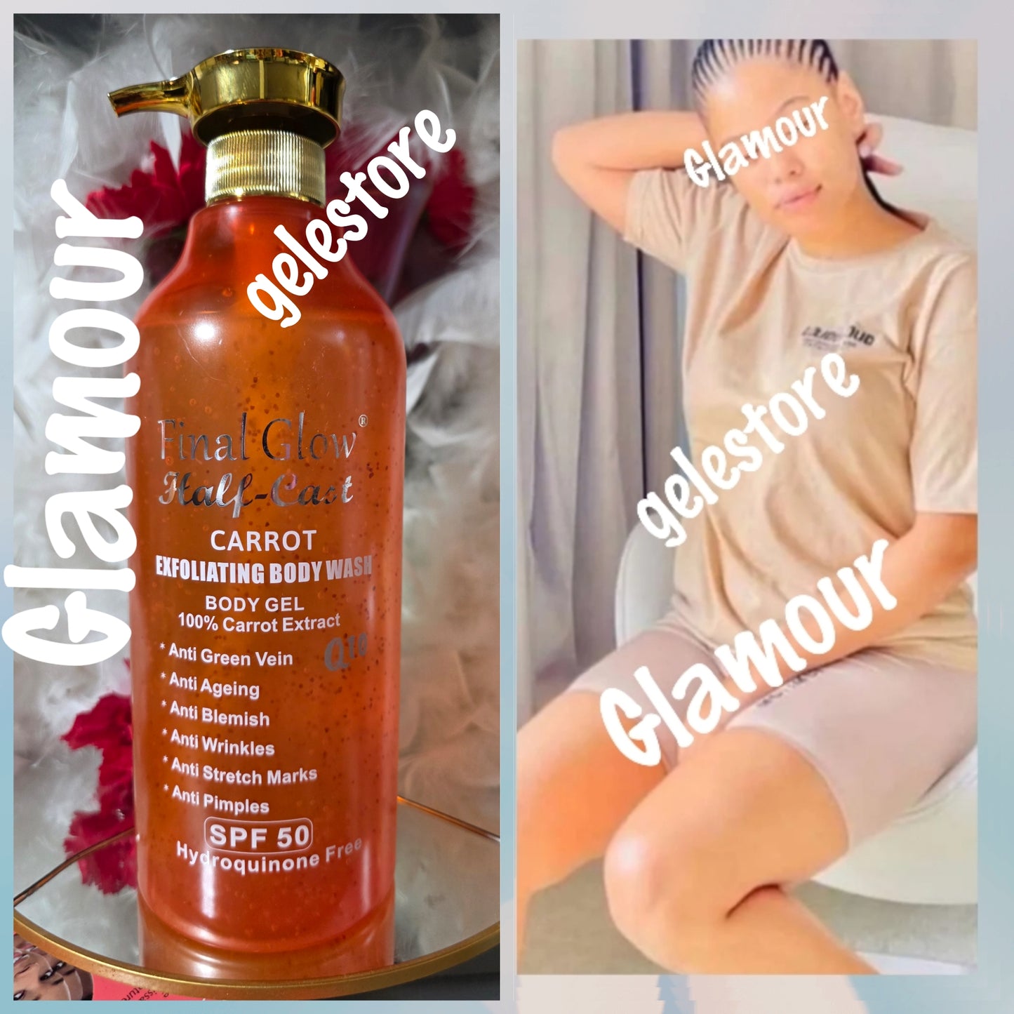 Final Glow half-cast carrot exfoliating shower gel 💯 carrot extracts Q10. spf 50 1000ml x 1 anti stretch marts, anti aging