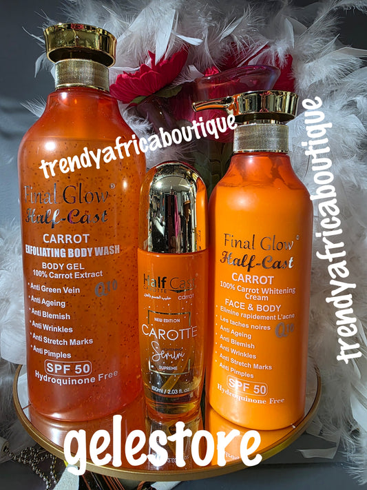 3pcs. Perfect combo👌 Final Glow half-cast carrot whitening body lotion, shower gel, & serum 💯 carrot for face and body. Spf 50. Super effective
