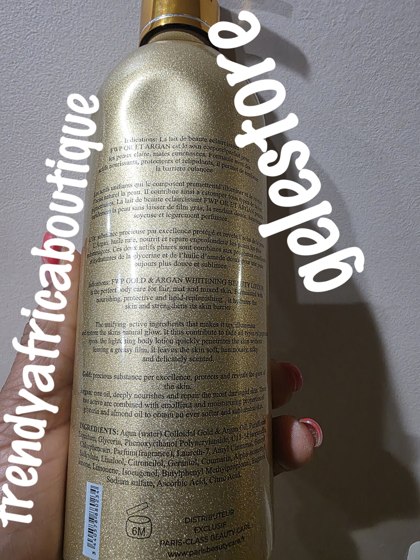New product alert: Faster White Paris Gold & Argan multi lightening body lotion. Repair body lotion for all skin type: flawless healthy complexion. 500ml. hydroquinone FREE!!