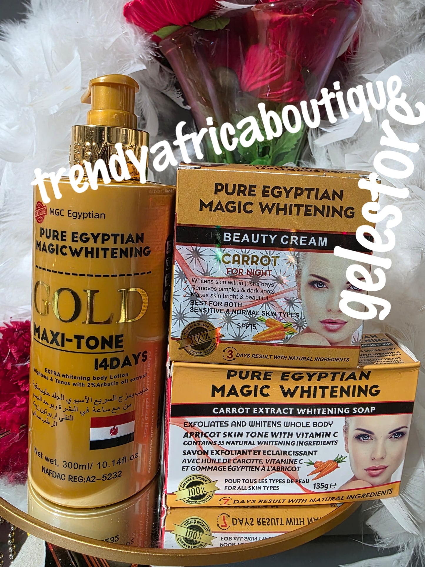 3pc set: Pure Egyptian magic whitening Gold maxitone lotion. 300ml bottle, night face cream and soap combo; Hydroquinone free!!