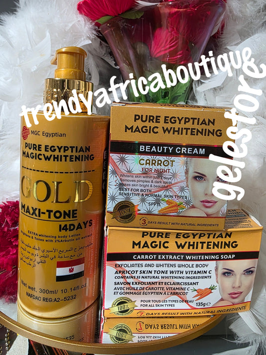 3pc set: Pure Egyptian magic whitening Gold maxitone lotion. 300ml bottle, night face cream and soap combo; Hydroquinone free!!