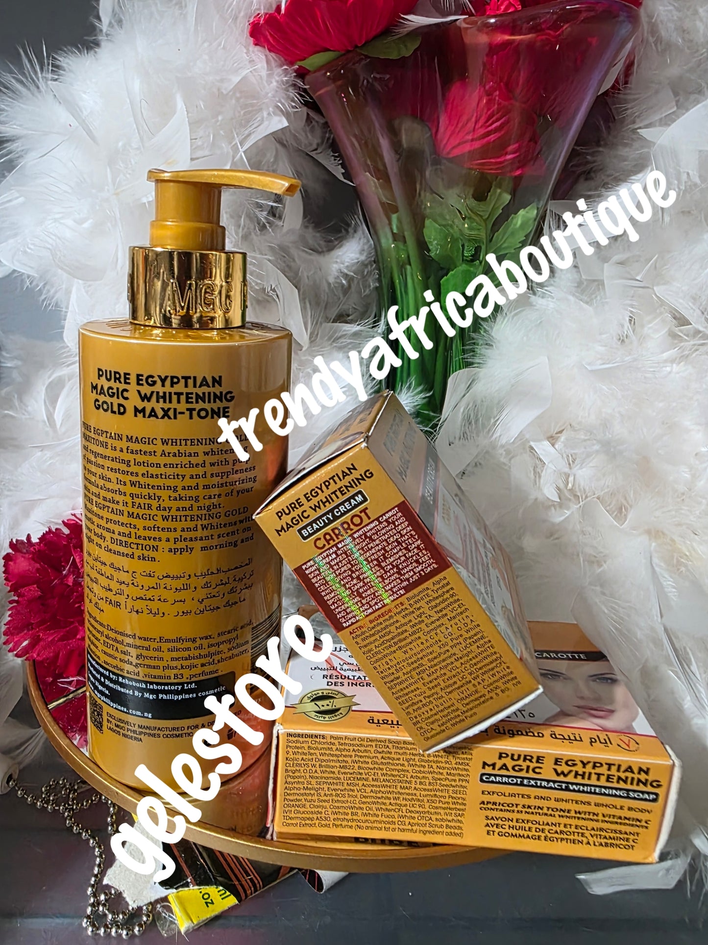 3pc set: Pure Egyptian magic whitening Gold maxitone lotion. 300ml bottle, night face cream and soap combo; Hydroquinone free!!