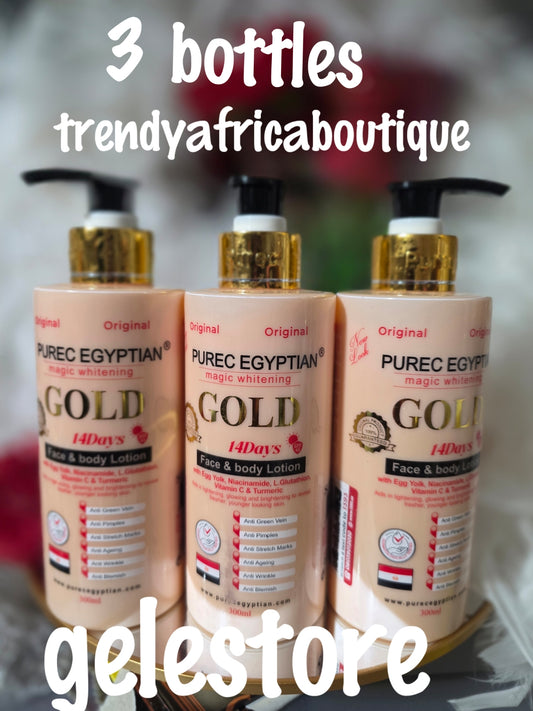 3 bottle SALE: AAUTHENTIC Purec Egyptian whitening magic whitening Gold face & body lotion with egg yolk, glutathione, vit.C , turmeric & Niacinamide 300mlx 3 bottle sale.