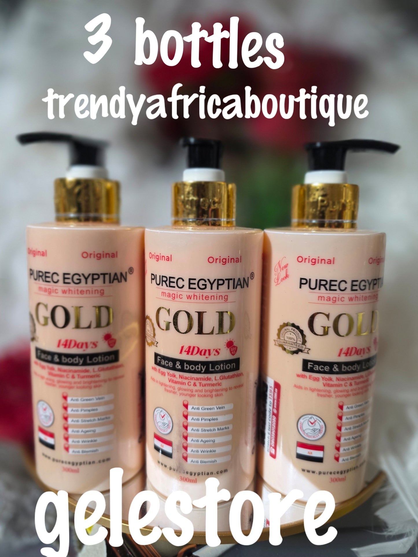 BEWARE OF FAKE:ORIGINAL Purec Egyptian magic GOLD vitamin C, turmeric, egg yolk & L-Glutathion for face & body 300ml. Fast whitening action! face and body lotion formulated to evenly lighten, and brighten your skin, giving you that natural glow