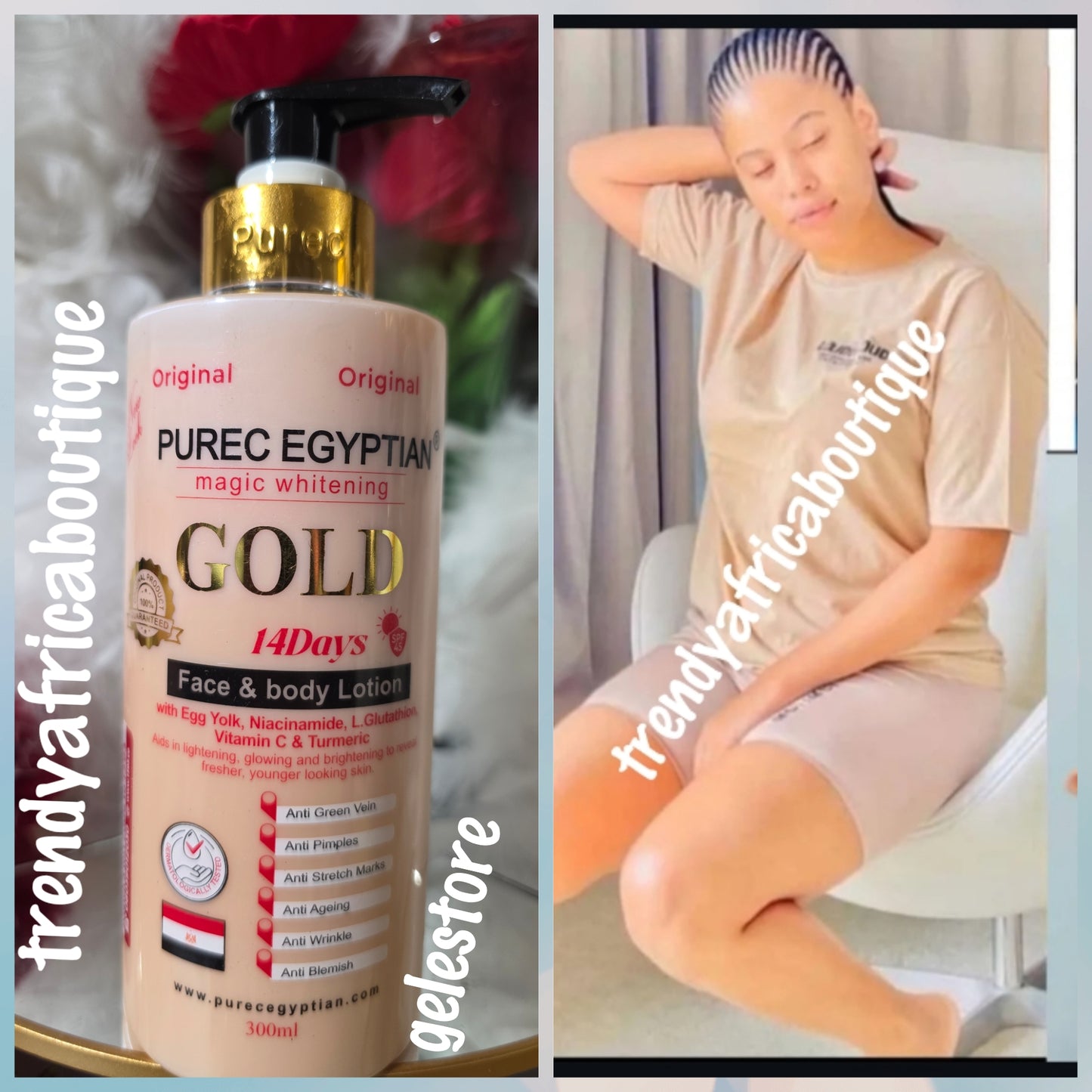 BEWARE OF FAKE:ORIGINAL Purec Egyptian magic GOLD vitamin C, turmeric, egg yolk & L-Glutathion for face & body 300ml. Fast whitening action! face and body lotion formulated to evenly lighten, and brighten your skin, giving you that natural glow