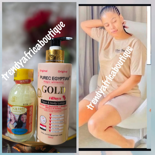 Perfect combo: 2pcs. Purec Egyptian magic whitening GOLD face & body lotion & skim free milk serum, Fast whitening formulated to evenly lighten, l