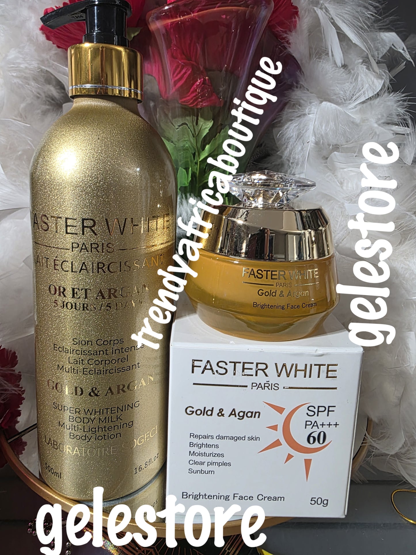 New product alert: 2pcs. Faster White Paris Gold & Argan multi lightening body lotion & face cream. Repairs damaged skin. ALL skin type: hydroquinone FREE!!.
