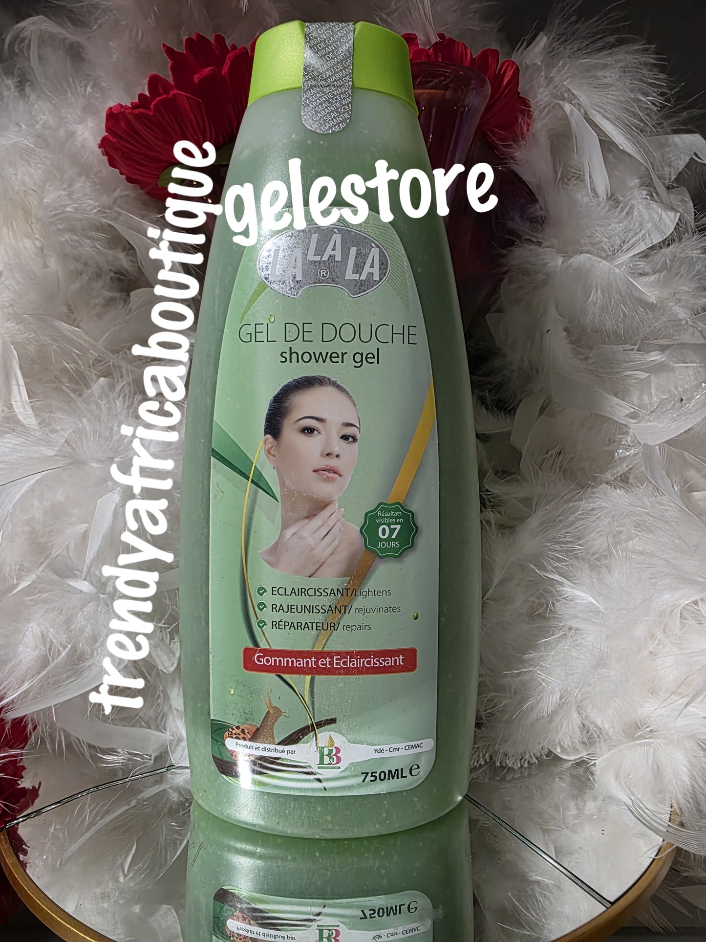 New alert: Lalala shower gel. 7 days results lightens, rejuvenates,  & repairs. 750ml x 1. For all skin types.