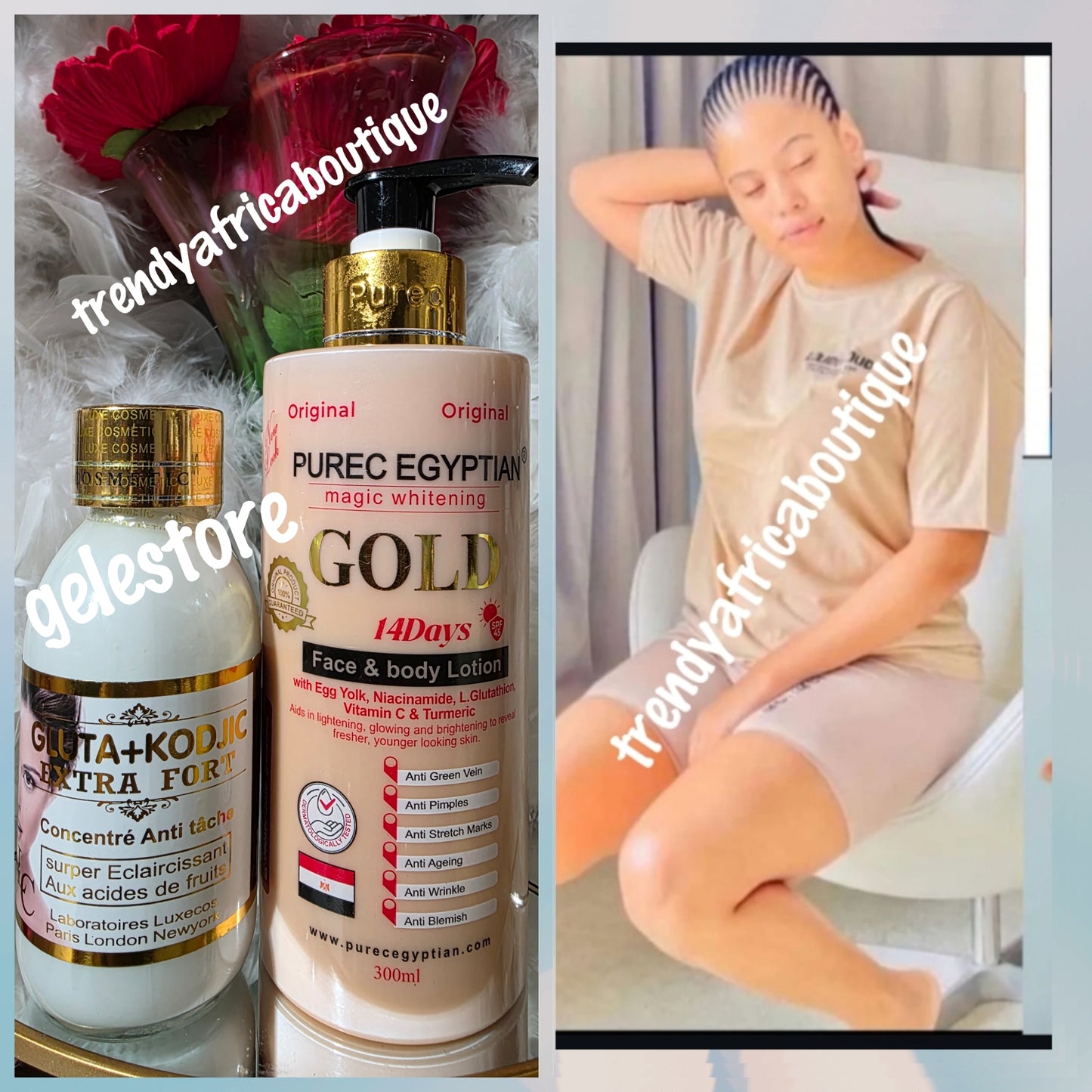 2pcs  Purec Egyptian magic whitening GOLD body lotion. 300ml & Gluta Kojic whitening serum. 100ml. Fast whitening formulated to evenly lighten,