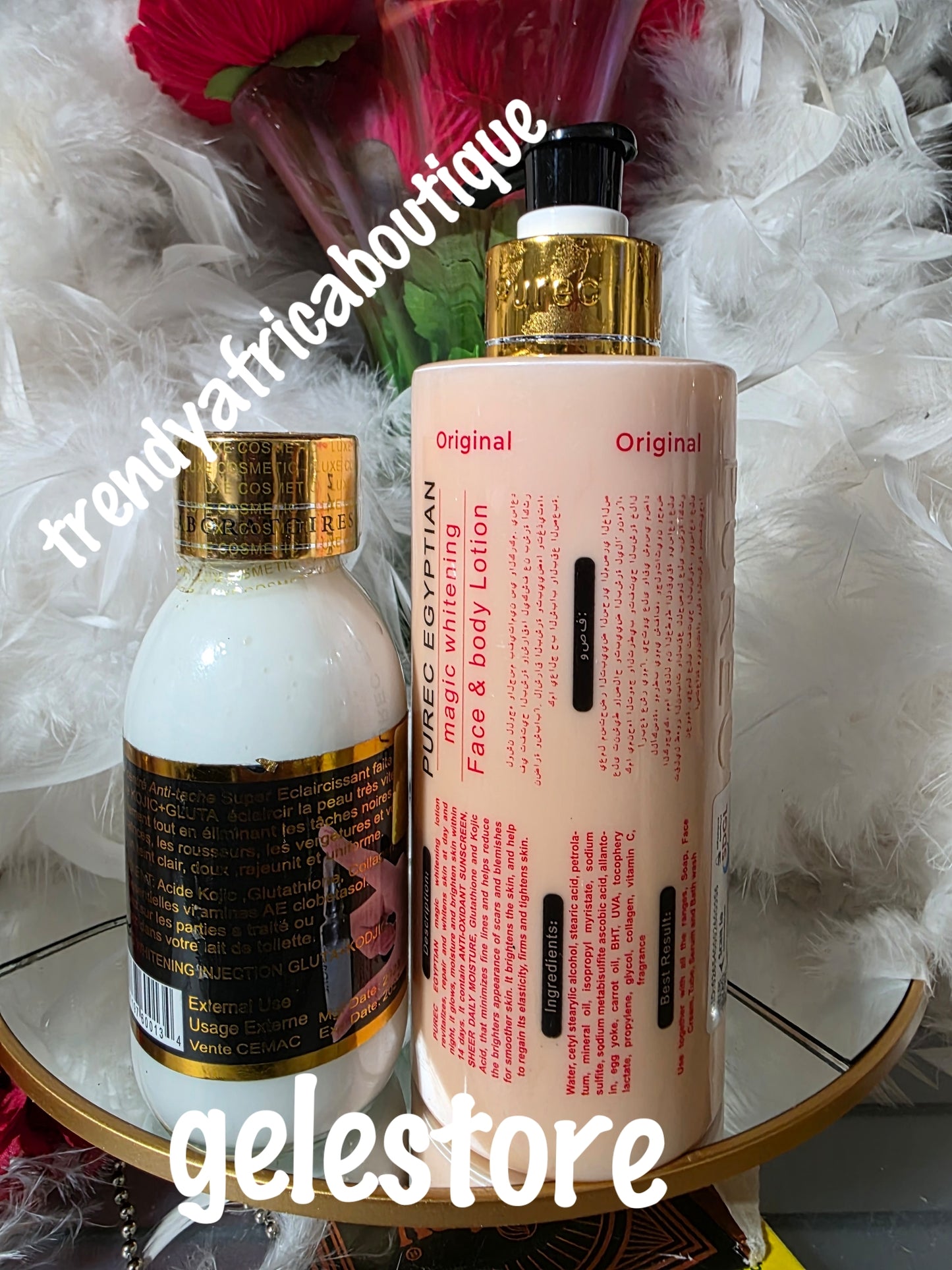 2pcs  Purec Egyptian magic whitening GOLD body lotion. 300ml & Gluta Kojic whitening serum. 100ml. Fast whitening formulated to evenly lighten,