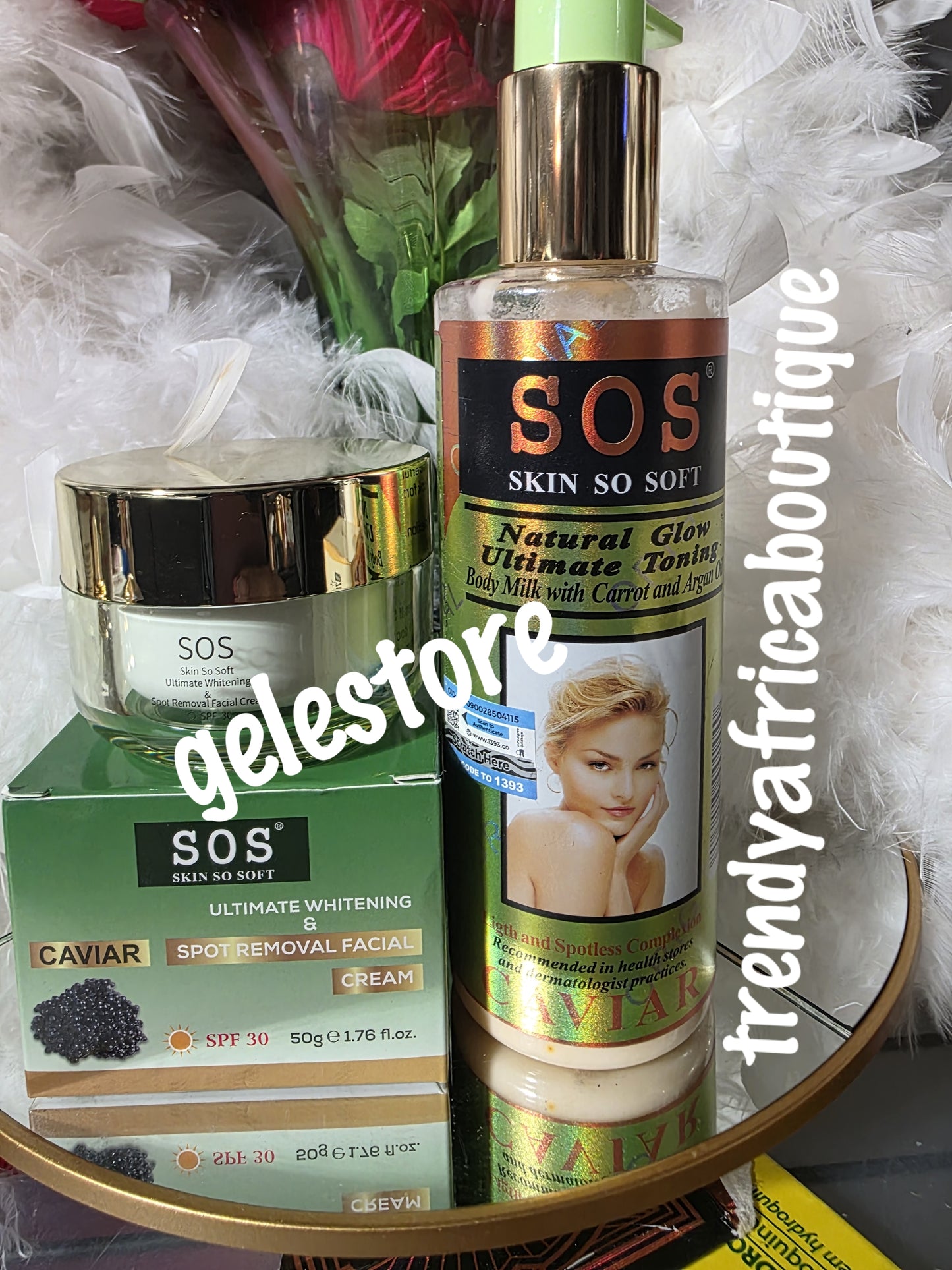 2pcs. Set: SOS natural skin toning & glowing body lotion & ultimate whitening face cream spf. 30