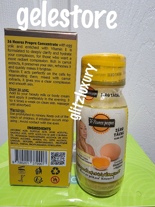 X 1 bottle sale. 36 heures propre, zero spot intense lightening serum/oil. Original in 60ml bottle x 1 bottle sale. Formulated with egg yolk and vitamin E. Mix into your lotion. 60ml x 1
