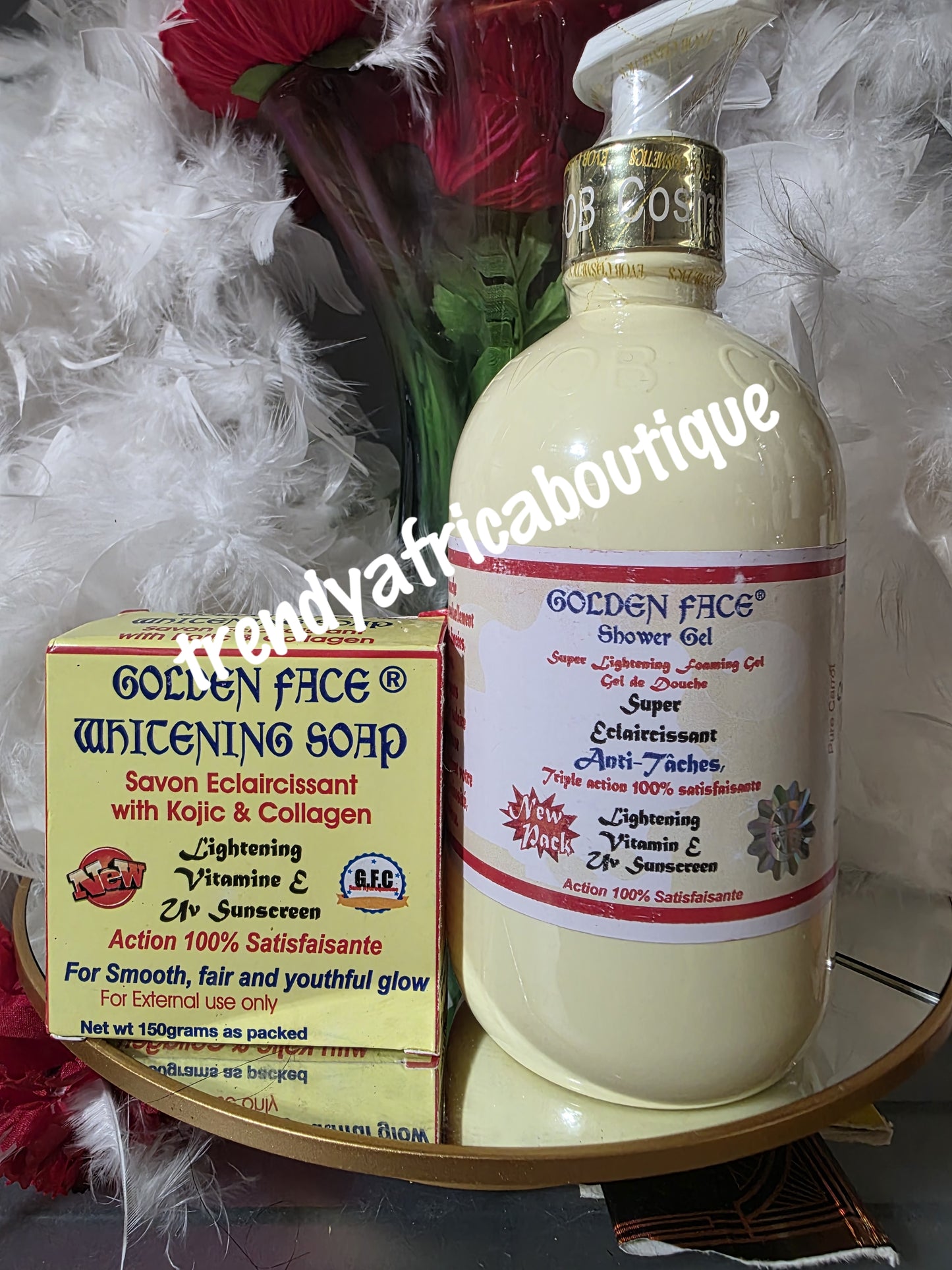 x1 Golden face shower gel. And 2 golden face bar soap.Super ecclaircissant anti stains.. triple action satisfaction. Kojic acid & vitamin E