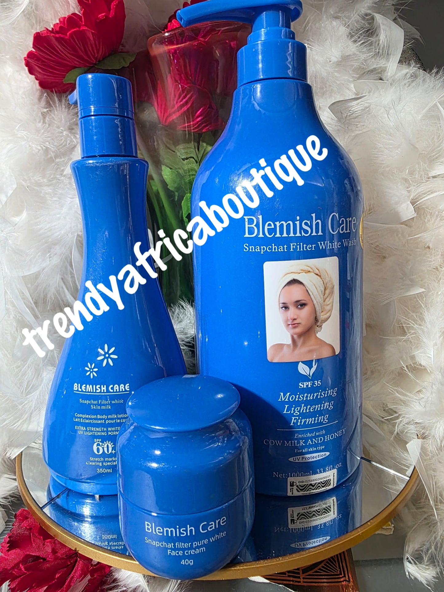 3pcs. Banga: Set Blemish care Snapchat filter white lightening & firming body wash spf 35. Filter white body lotion & face👌
