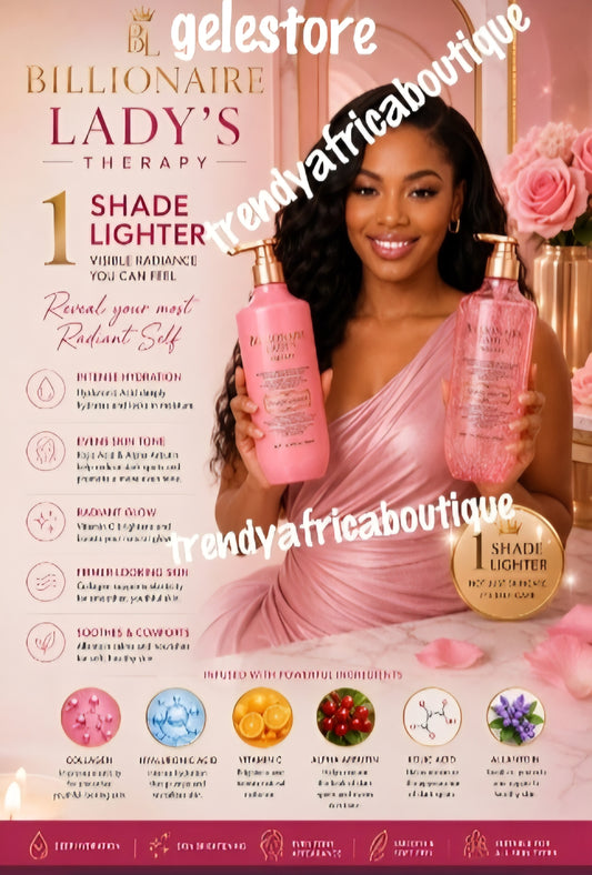 Another Banga: 2pcs. Billionaire Lady's therapy soft radiance formula brighten' & hydrates Naturally body lotion. 1 shades lighter 500ml & shower gel 900ml  Hydroquinone FREE