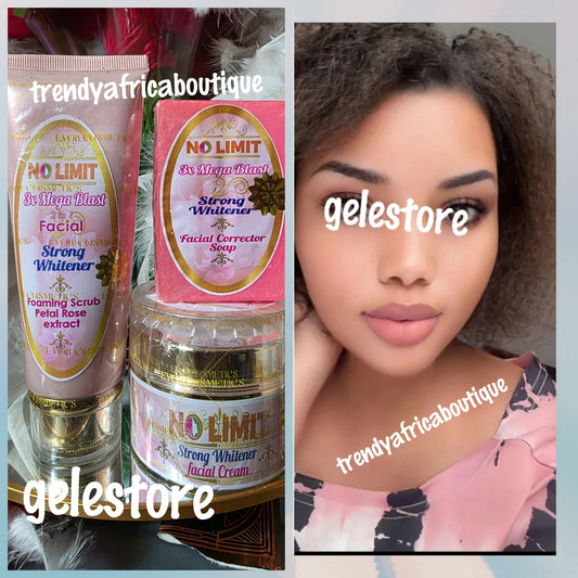 New jar: NO LIMIT 3pcs set. 3x mega blast forming Facial scrub with rose petal extracts, face cream 75gx1  and bar soap. 100% satisfaction.
