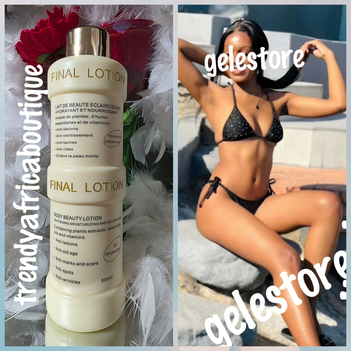 Final lotion New advanced formula contains plant extracts,  that evens, and maintaining your natural skin tone. Gradually fades away dark spots, wrinkles, age spots and marks. This body lotion is good for aging skin, 500ml bottle.