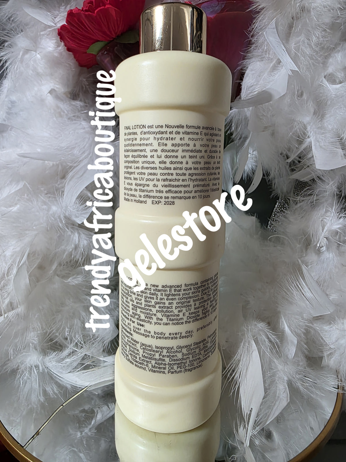 Final lotion New advanced formula contains plant extracts,  that evens, and maintaining your natural skin tone. Gradually fades away dark spots, wrinkles, age spots and marks. This body lotion is good for aging skin, 500ml bottle.