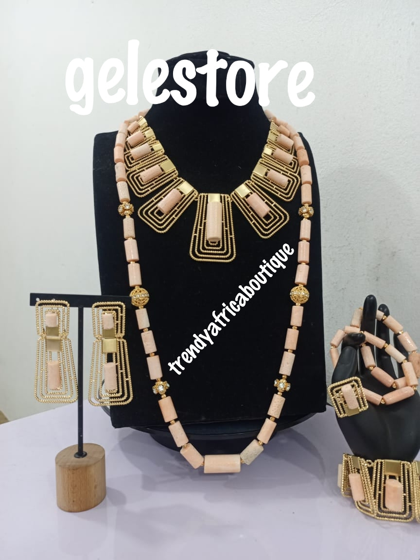 6pcs. Set. Edo Original vintage coral beaded-necklace set. Choker + long necklace, 2 bracelets, 1 bangle, earrings & ring. Vintage ivory traditional wedding African beads