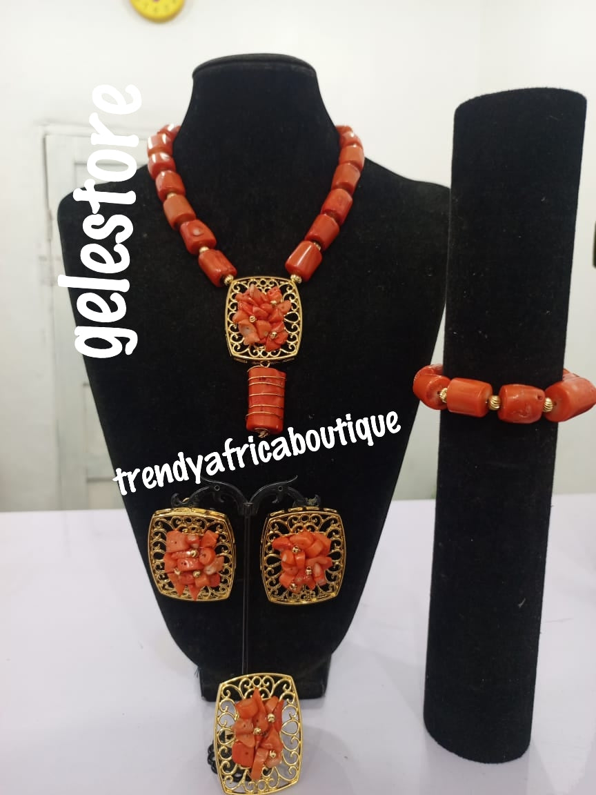 New arrival 4pcs. Original coral-necklace set. Traditional Nigerian bamboo coral choker necklace, bracelet, adjustable ring & earrings set. African/Nigeria events