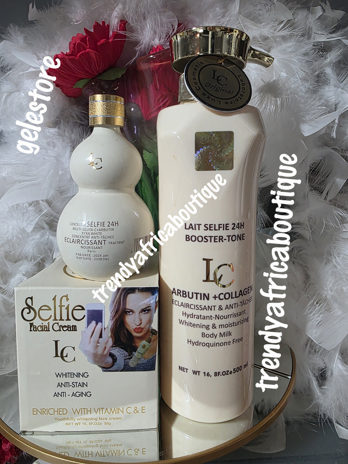 3pc. set  Lait selfie 24hr. booster-tone body lotion 500ml, Serum & face cream. Achieve uniform stainless and natural skin glow with modern natural ingredients.  Glutathion, Arbutin + collagen.