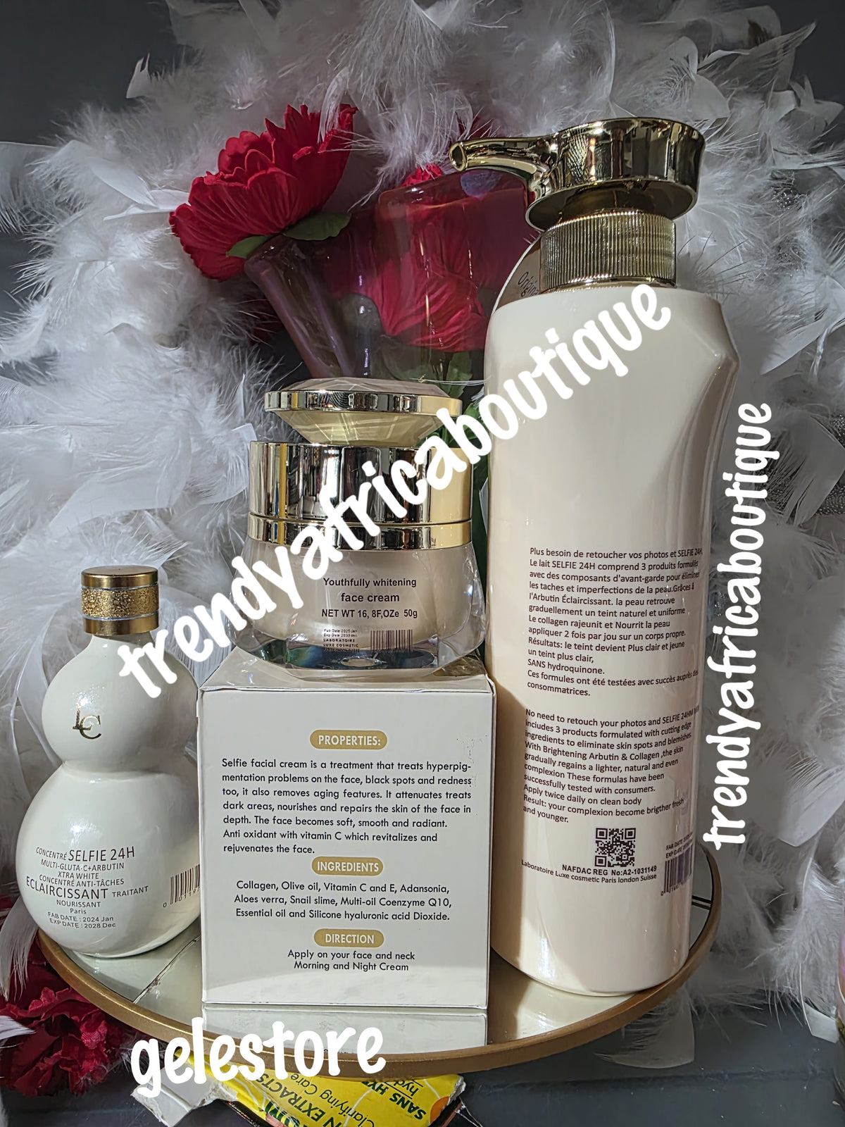 3pc. set  Lait selfie 24hr. booster-tone body lotion 500ml, Serum & face cream. Achieve uniform stainless and natural skin glow with modern natural ingredients.  Glutathion, Arbutin + collagen.