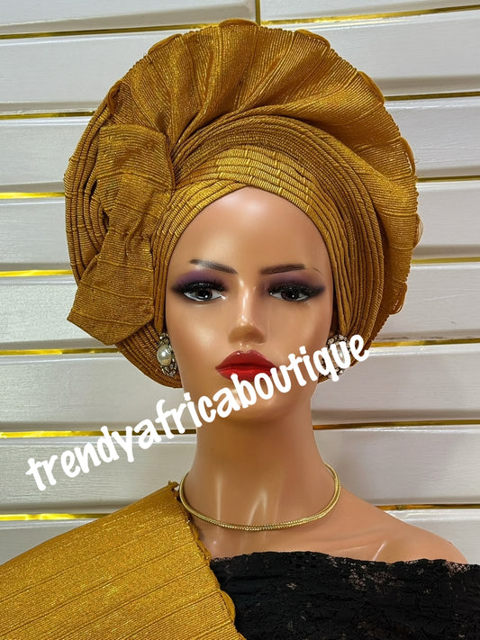 2pcs set Gold auto-gele & ipele (shoulder pices) set. Made with Quantity aso-oke
