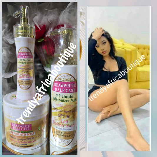 3pcs set. Dear White Half cast whitenizer body milk super strong 500ml, Dear white serum 100ml, VIP MOLATO triple action Soap 500g, combo For Tougher SKIN TYPE!. From EVOB