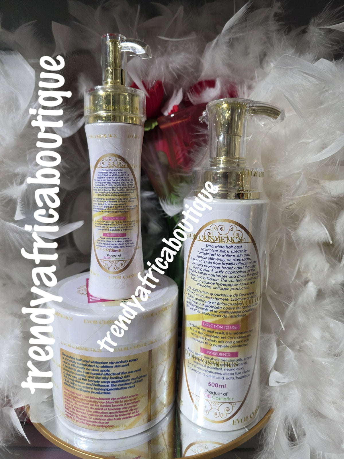 3pcs set. Dear White Half cast whitenizer body milk super strong 500ml, Dear white serum 100ml, VIP MOLATO triple action Soap 500g, combo For Tougher SKIN TYPE!. From EVOB