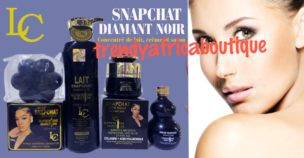 4-teiliges Set: Lait Snapchat Black Diamond Körperlotion 500 ml, Seife 200 g, Snap Chat Serum und Gesichtscreme Beauty ohne Filter. Extra starke Aufhellungsmilch mit Glutathion-Injektion 