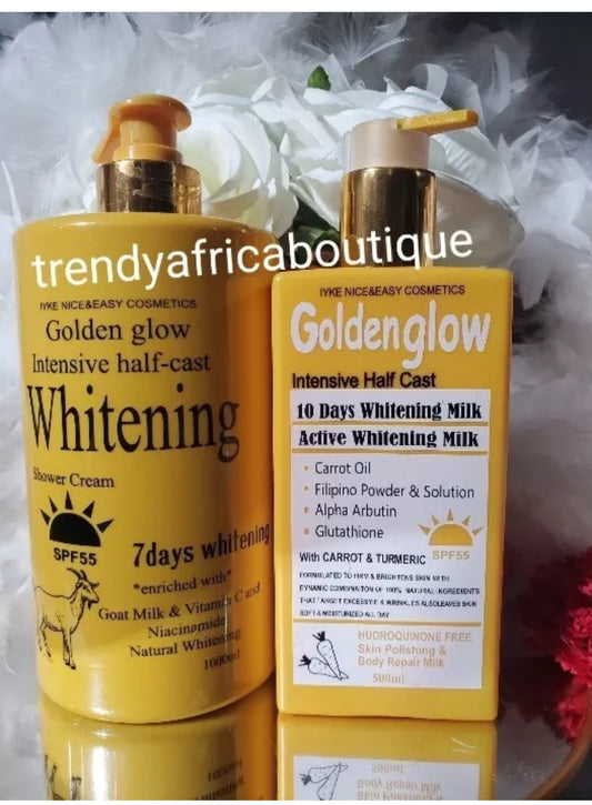 2pcs. Set of Golden Glow Intensive Halfcast whitening body lotion & shower gel Enriched with goat Milk, vitamins C & Niacinamide 1000mlx 1 spf 55