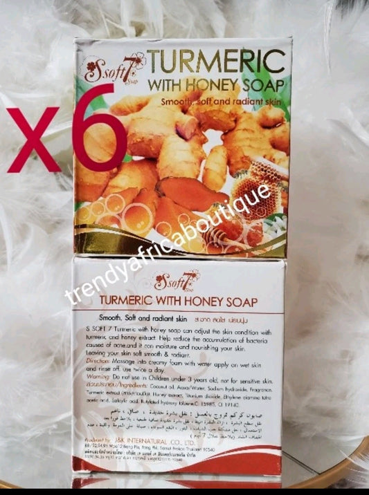 6 bar soap sale: Soft 7 Turmeric with honey exfoliating Soap. Anti dark spots. Super glowing soap. Use 2 or 3 times a week. Wholesale price