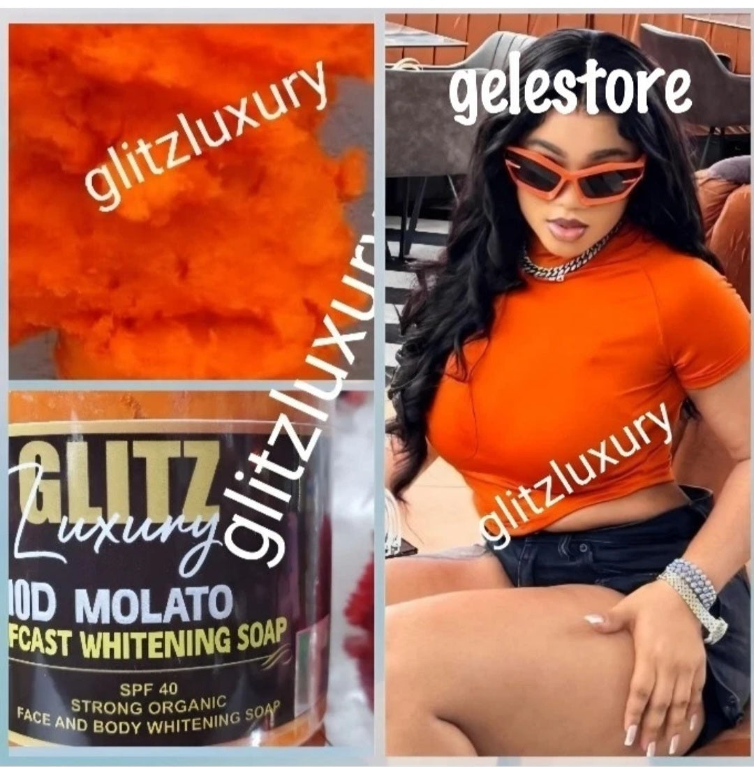 X 2 Gläser im Angebot: Oshaprapra Glitz Luxery 5D Molato Halbguss-Aufhellungs-/Behandlungs-Molato-Seifenkörper. Starke Bio-Formel. Beseitigt Knöchel, Dehnungsstreifen und mehr. 600-g-Glas x 2. 