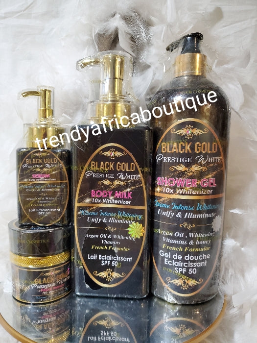 4pc Black Gold prestige set: Body milk 10X Whitenizer Xtreme intense whitening vitamins: lotion 550ml, serum 120ml,  shower gel 1000ml, face cream 75g, soften, Unify and illuminate your complexion