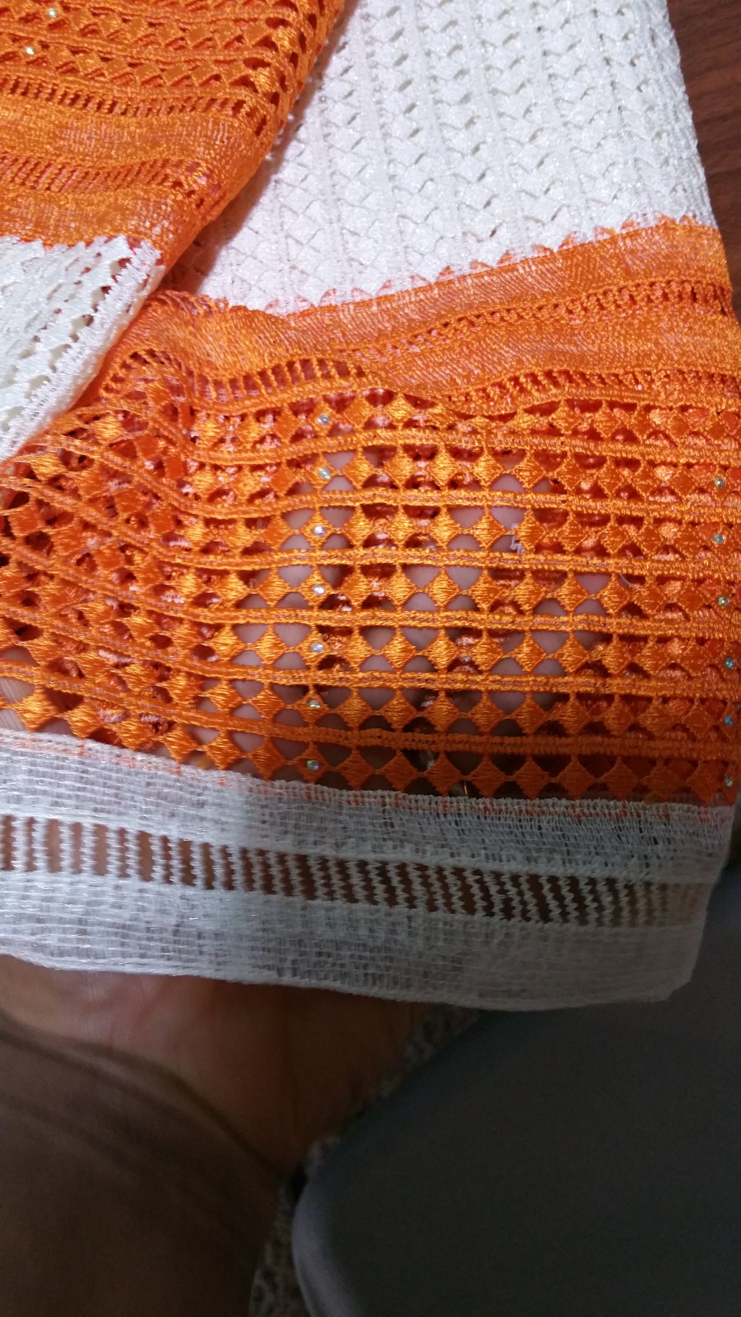 Clearance: Cream/Orange Cord-lace fabric for makimg Nigerian party dress. Sold per 5yds. Price is for 5 yds. Beautiful guipure-lace with stones