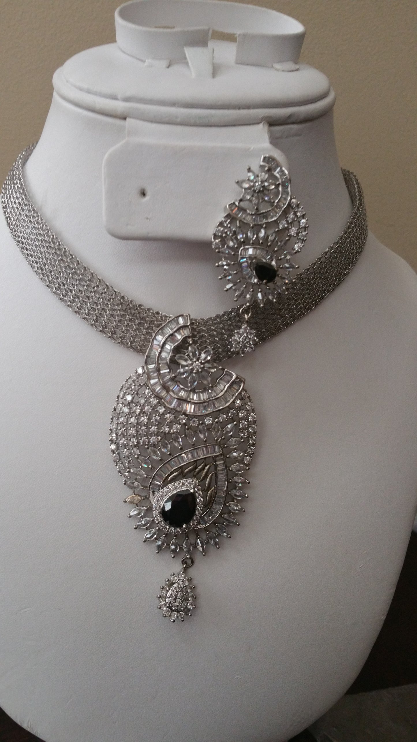22k electroplated Silver set with CZ stones Jewelry set.  Silver choker/matching earrings. Sold as a set