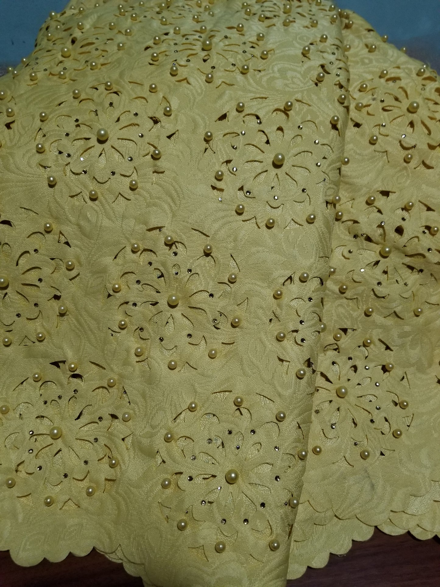 Latest Laser Cut with beads and stones. African french lace fabric. for African party wear. Beautiful yellow Gold color. Sold per 5yds, price is for 5yds