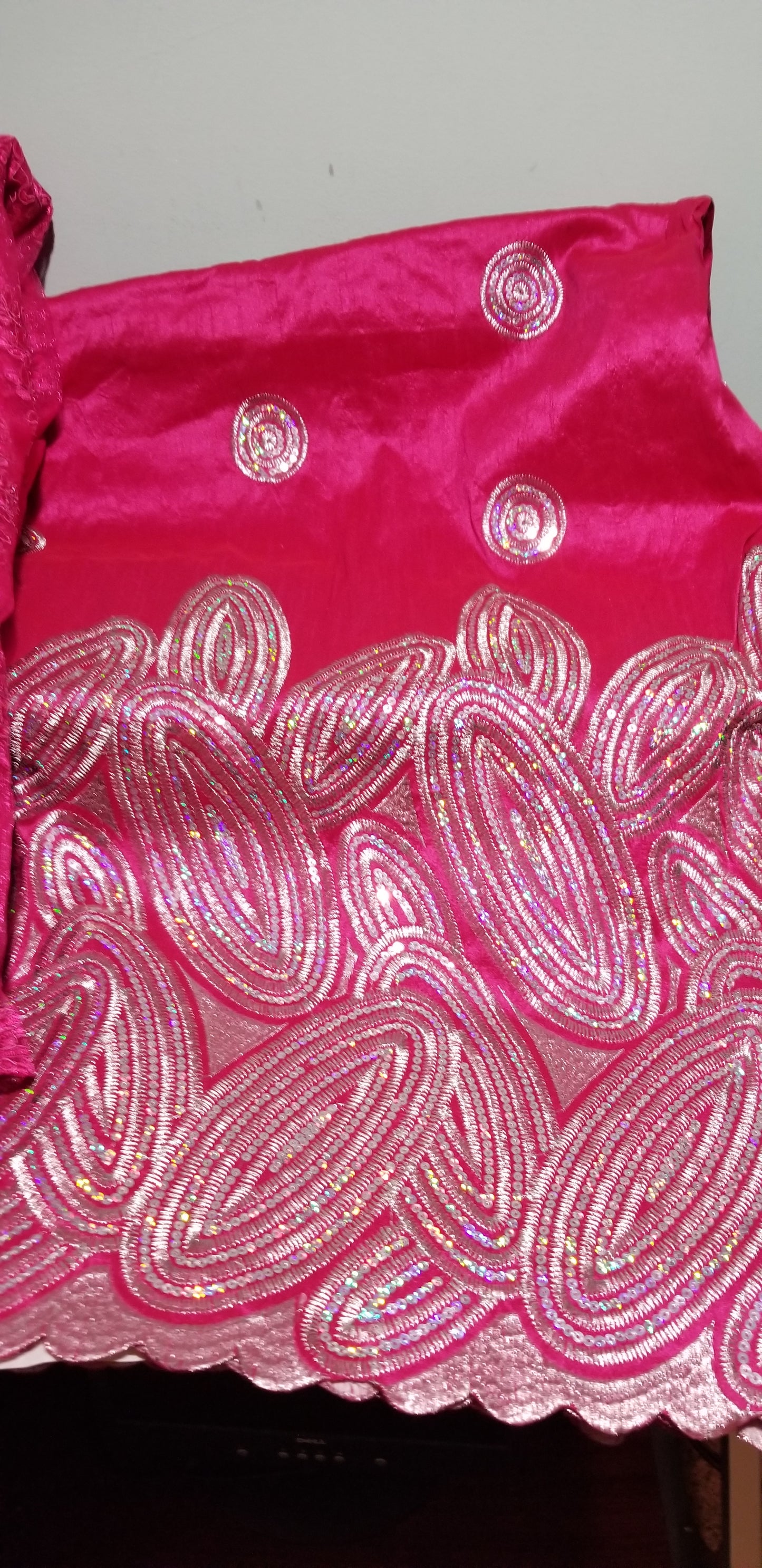 Clearance:  Red fancy Embroidery silk Indian-George wrapper with sequence. Fancy Indian George use for Nigerian party dresses. Small-George Sold 5yards each