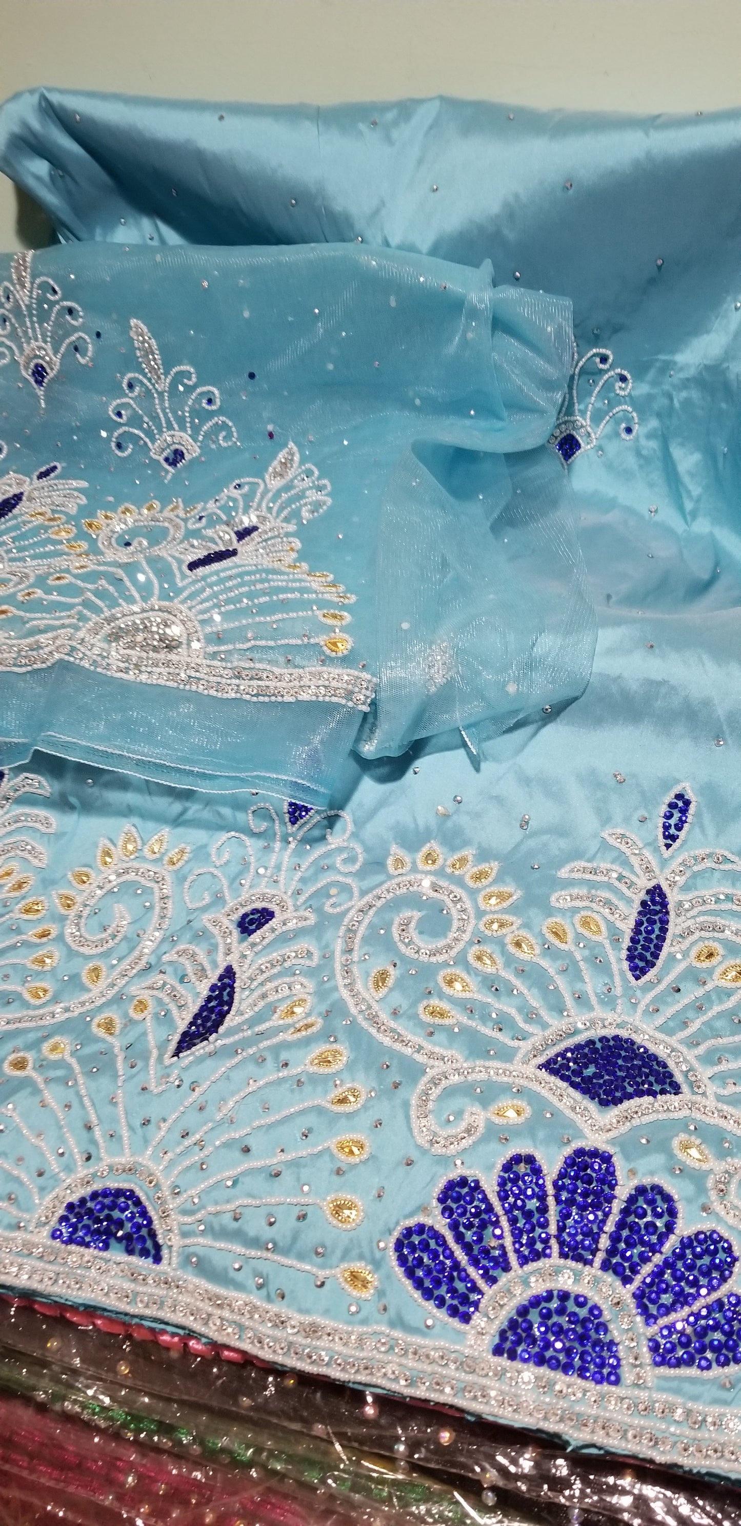 Back in stock Sky blue taffeta Silk George fabric with Matching blouse. Original/quantity India Silk George.  Sold as set of 5 yards + 1.8yds blouse