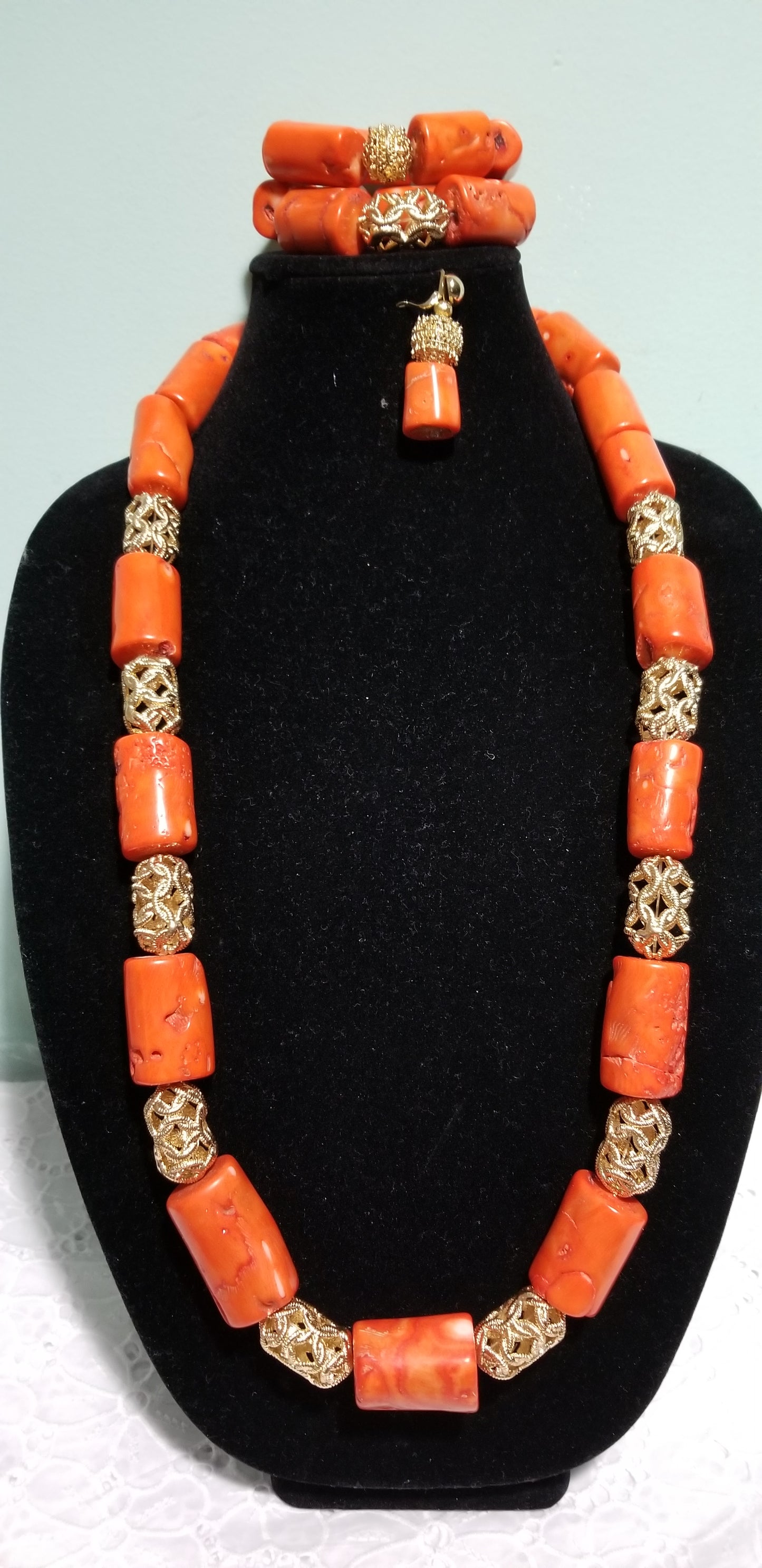Original Edo Native bead.Coral beaded necklace set for Nigerian/Edo traditional wedding.  sold as set. Coral-necklace, earrings and bracelet