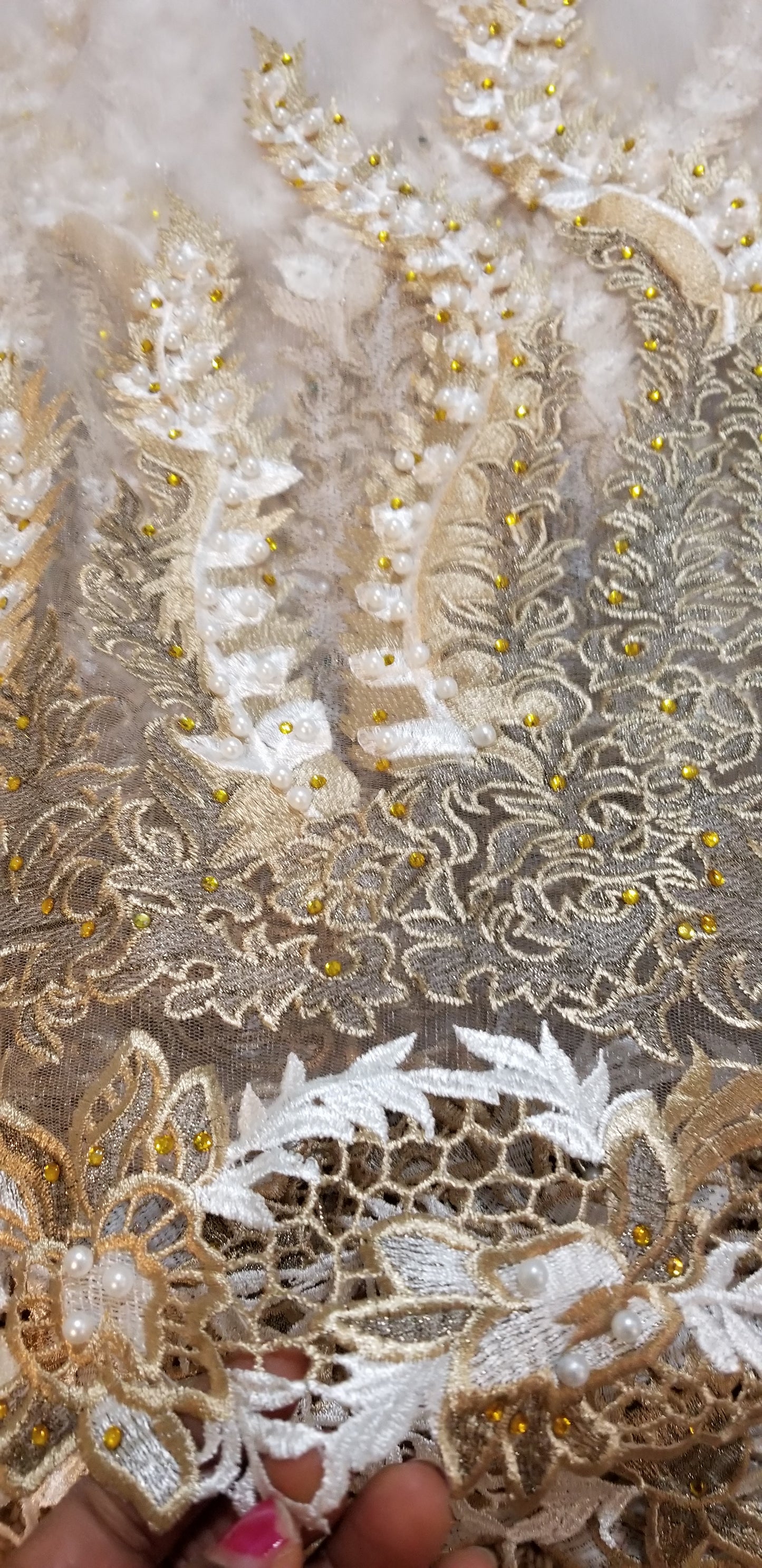 Pure white/Gold net George lace. Classic design with Gold embriodery, beaded and stoned. New arrival African French lace/George lace sold per 5yds
