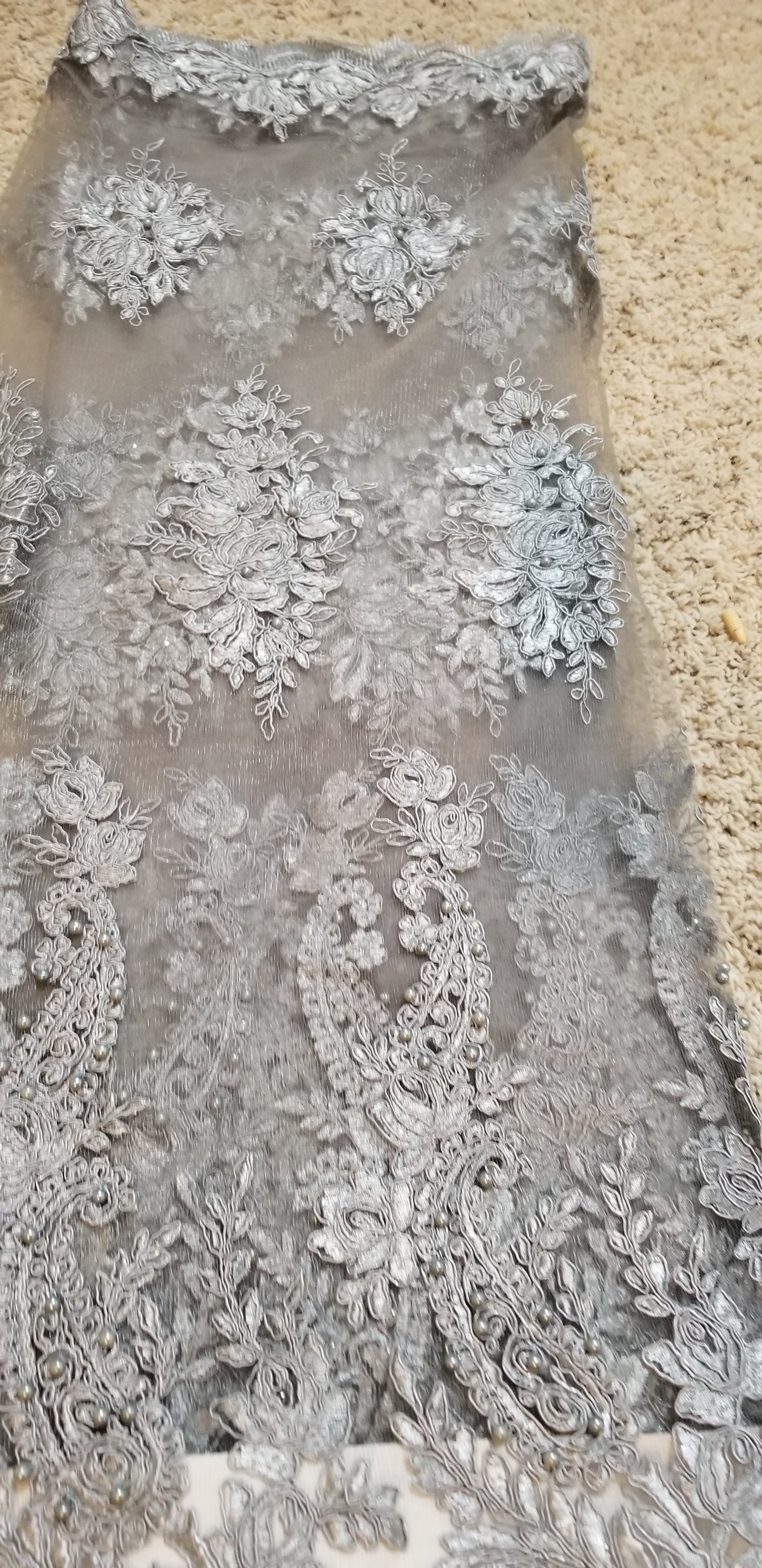 New arrival ash/Gray net French lace. Swiss Quality lace stoned with pearls and crystal. Sold per 5yds. Nigerian french lace fabric. Rich quality for wedding dress